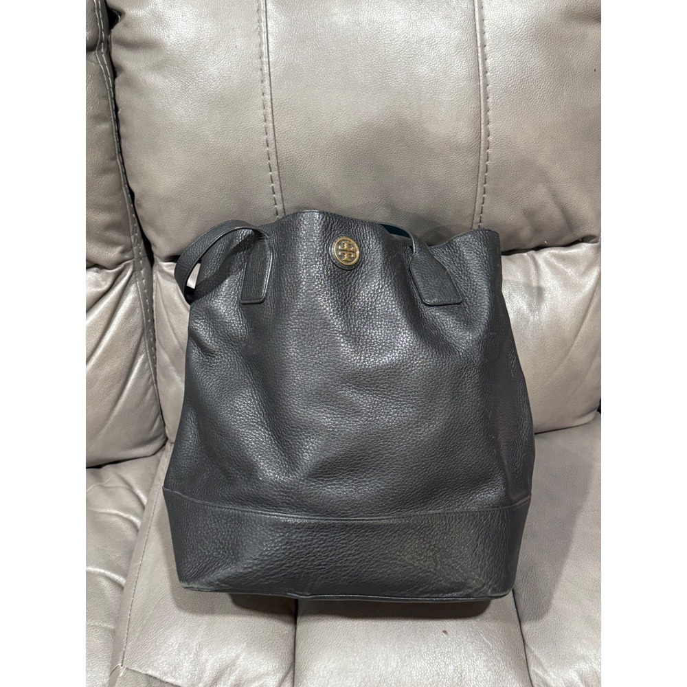 Tory Burch McGraw Black Pebbled Leather Tote Bag Gold Logo Slouchy Shoulder Bag